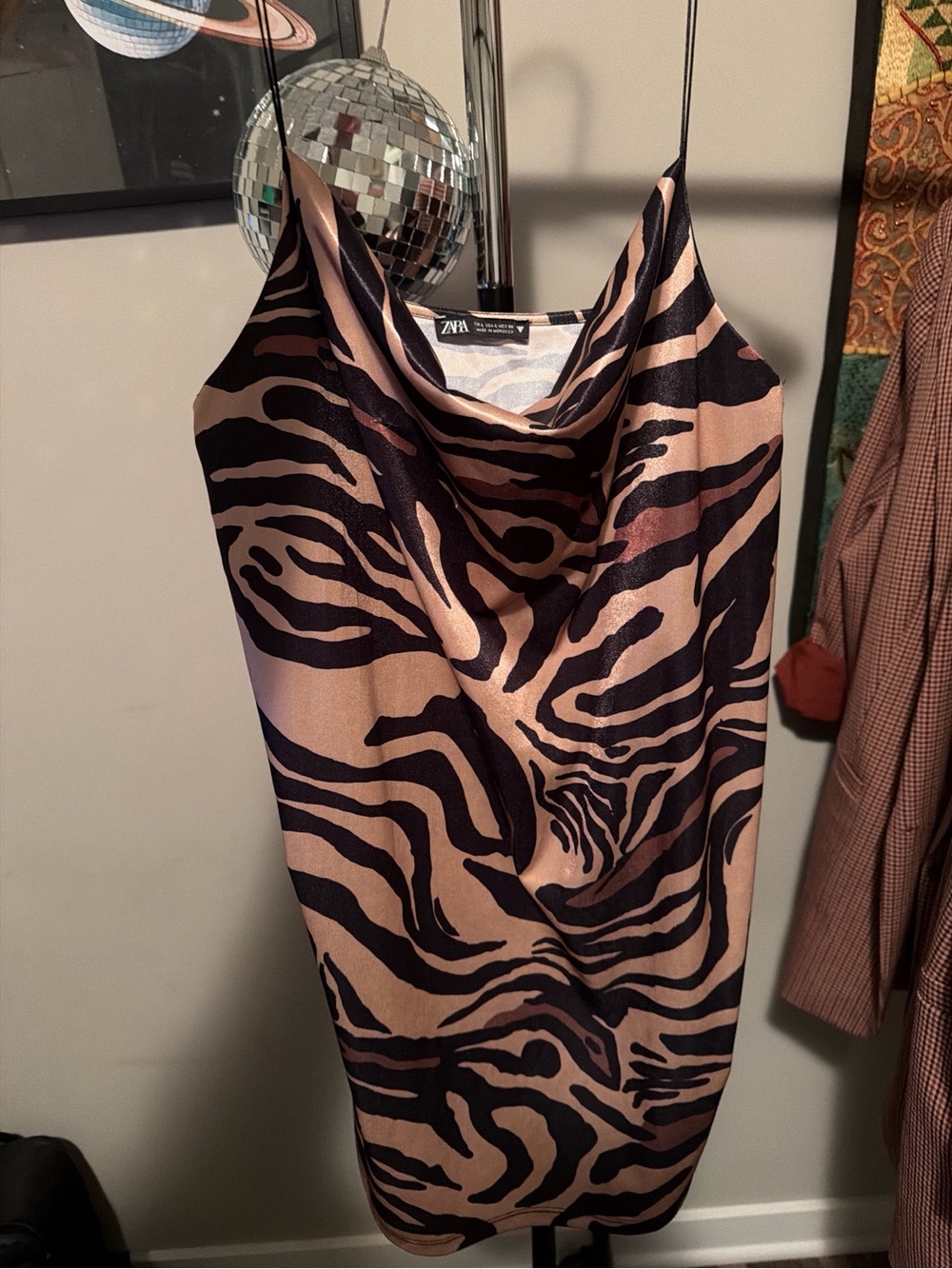 Zara Satin Zebra-Print Cowl Neck Dress - Black & Beige